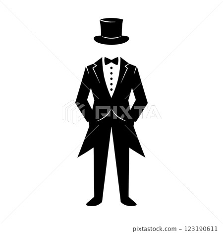 Black silhouette illustration of a man wearing a tuxedo suit and top hat, cut out on transparent background 123190611