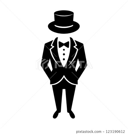 Black silhouette illustration of a man wearing a tuxedo suit and top hat, viewed from above, transparent background 123190612