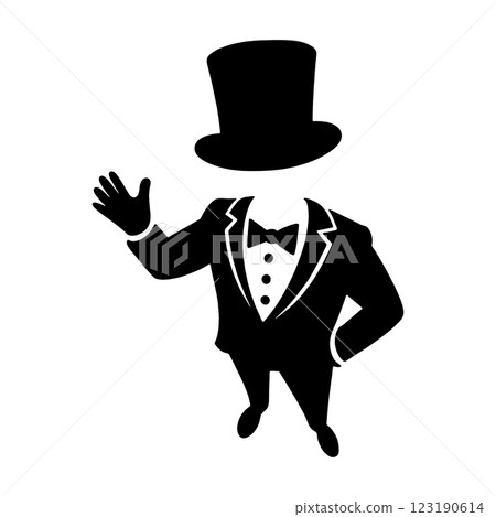 一名男子身穿燕尾服和高頂禮帽的黑色剪影插圖，從上方看，背景透明 123190614