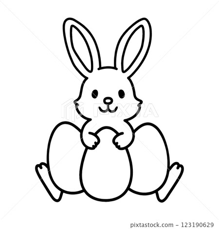 Line drawing of an Easter bunny holding an egg, cut out on transparent background 123190629
