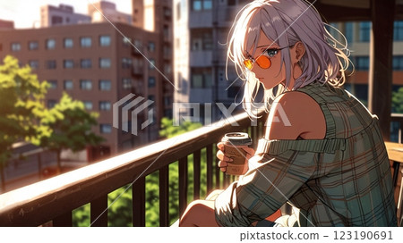 在陽台上喝咖啡的女人 在陽台上喝咖啡的女人 123190691