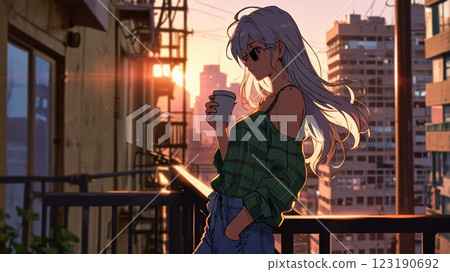 在陽台上喝咖啡的女人 在陽台上喝咖啡的女人 123190692