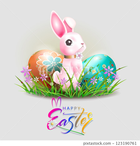 Drawing with Easter eggs and cute bunny, design component 123190761