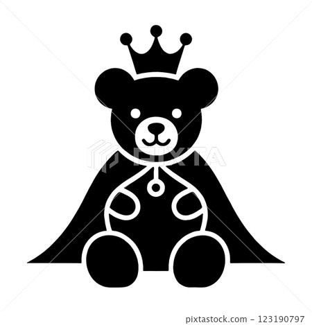 透明背景上剪下的一隻身穿國王斗篷和皇冠的泰迪熊的黑色剪影插圖 123190797