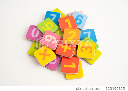 Number wood block cubes for learning Mathematic, education math concept. 123190815