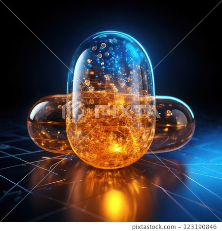 A high-tech glowing vitamin capsule with molecular energy patterns, symbolizing advanced biotechnology and smart medicine. A high-tech glowing vitamin capsule with molecular energy patterns, symbolizing advanced biotechnology and smart medicine. 123190846