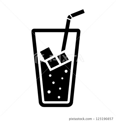 黑色輪廓象形文字插圖，描繪的是冰鎮飲料加冰和吸管，在透明背景上切出 123190857