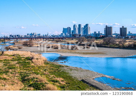 Tokyo cityscape in Japan on February 10th...View of Tama River, waterfowl, and tower apartment complexes in front of Kawasaki and Musashi-Kosugi stations = Reiwa 7 Tokyo cityscape in Japan on February 10th...View of Tama River, waterfowl, and tower apartment complexes in front of Kawasaki and Musashi-Kosugi stations = Reiwa 7 123190868