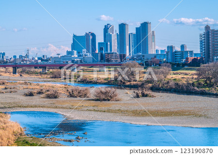 Tokyo cityscape in Japan on February 10th...View of Tama River, waterfowl, and tower apartment complexes in front of Kawasaki and Musashi-Kosugi stations = Reiwa 7 Tokyo cityscape in Japan on February 10th...View of Tama River, waterfowl, and tower apartment complexes in front of Kawasaki and Musashi-Kosugi stations = Reiwa 7 123190870