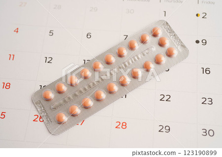 Birth control pills for female of ovulation day, fetus, maternity, childbirth, birth control. 123190899