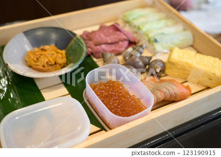 A collection of sushi toppings for catering 123190915
