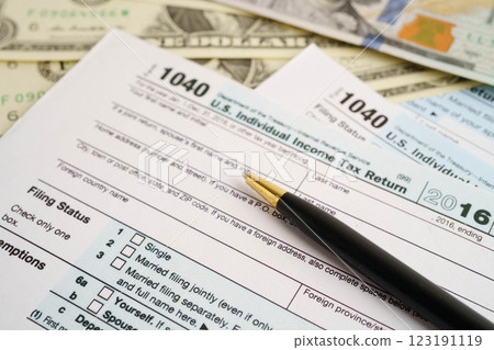 Tax form 1040 U.S. Individual Income Tax Return, business finance concept. 123191119