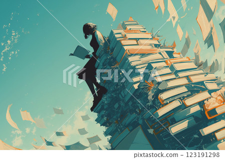 一個女孩在一疊書上讀書 123191298