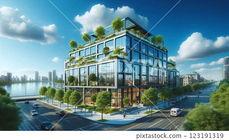 Looking up at contemporary glass and concrete structure 123191319