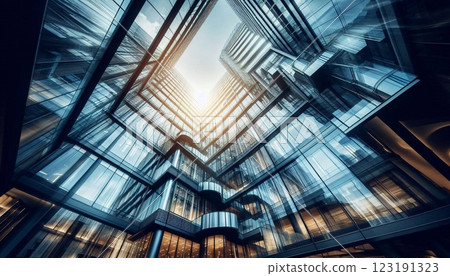 Looking up at contemporary glass and concrete structure 123191323