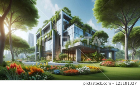 Looking up at contemporary glass and concrete structure 123191327