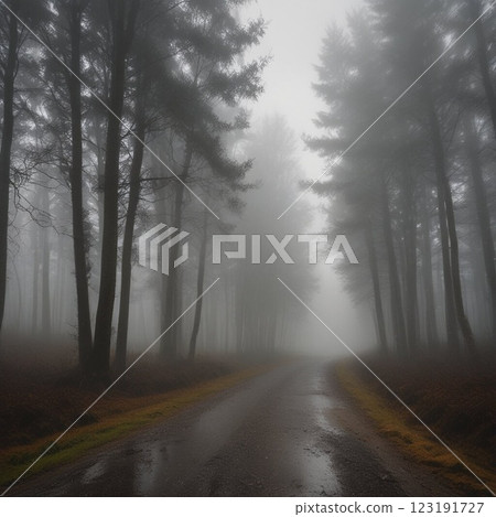A mountain road wrapped in fog 123191727