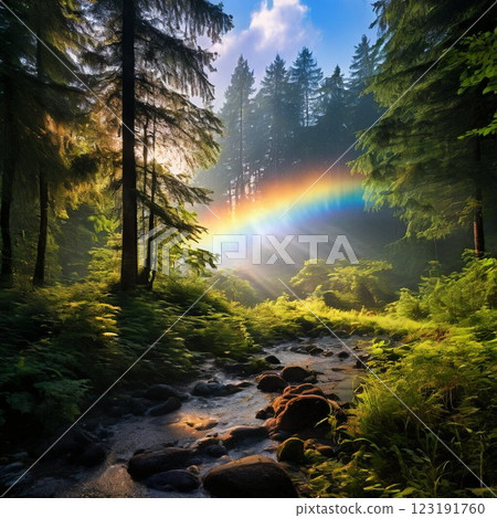 Rainbow mist waterfall over the forest 123191760