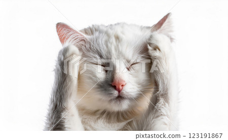 一隻白貓抱著頭，一臉困擾 123191867