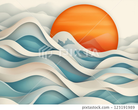 太陽從海平面升起的抽象插畫太陽從海平面升起的抽象插畫 123191989