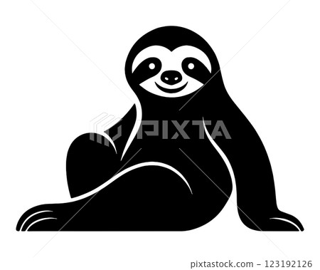 Black silhouette illustration of a sloth in sitting pose, cut out on transparent background 123192126