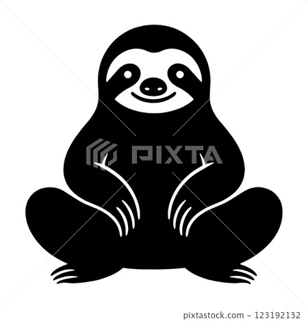Black silhouette illustration of a sloth in sitting pose, cut out on transparent background 123192132