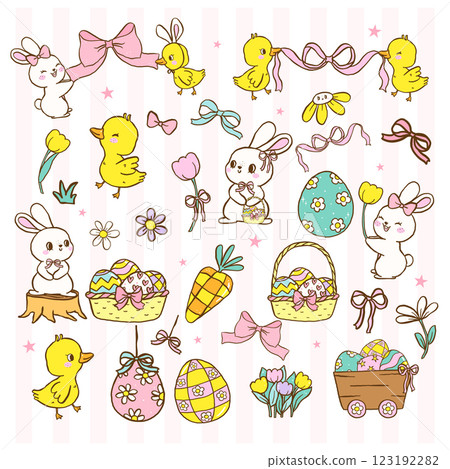 Cute Pastel Happy Easter Elements clipart bundle set, Bunny and Chicken Cute Cartoon Hand Drawn Collection 123192282