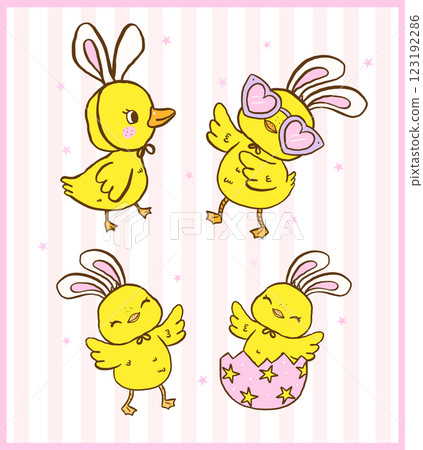 Pastel Coquette Happy Easter baby Chicken set, Cute Cartoon Hand Drawn greeting card Illustration 123192286