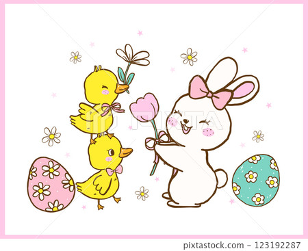 Pastel Coquette Happy Easter Bunny and baby Chicken, Cute Cartoon Hand Drawn greeting card Illustration 123192287
