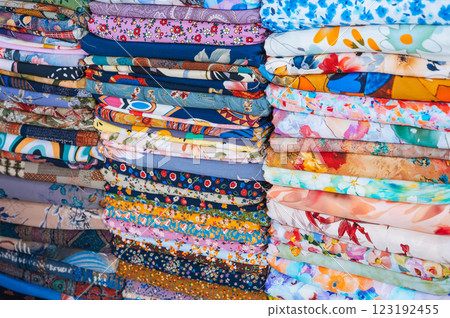 fabrics at textile market bazaar in Asia in Vietnam 123192455
