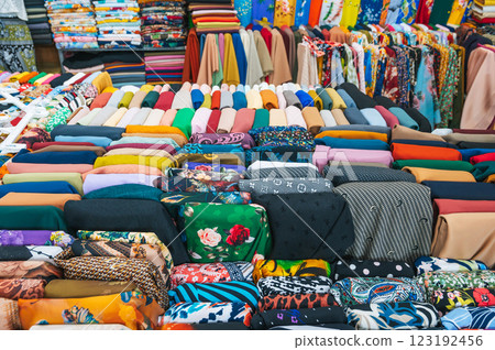 clothing and fabrics at textile market shop in Asia 123192456