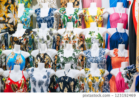 female summer dresses on mannequins on market in Asia shop female summer dresses on mannequins on market in Asia shop 123192469