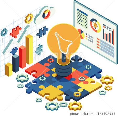 Isometric Lightbulb and Puzzle Pieces Symbolizing Creative Solution 123192531