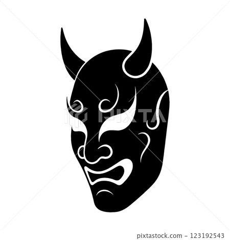 Black silhouette illustration of a scary demon mask, cut out on transparent background 123192543