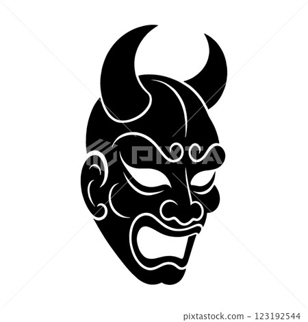 Black silhouette illustration of a scary demon mask, cut out on transparent background 123192544
