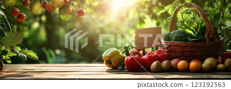 Fresh Organic Vegetables in a Basket on a Wooden Table Outdoors 123192563