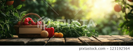 Fresh Organic Vegetables in a Rustic Basket on Wooden Table 123192564