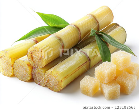 Fresh Sugarcane Sticks with Sugar Cubes and Green Leaves Display 123192565