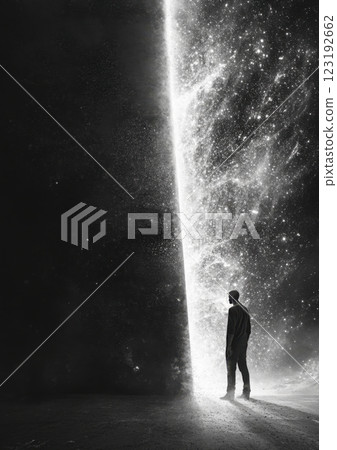 Surreal Encounter Between Humanity and Cosmic Infinity in Black and White 123192662