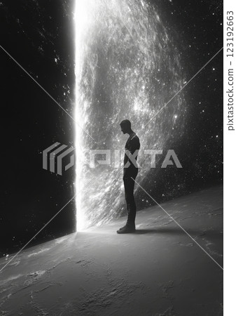 Surreal Human Silhouette Against Cosmic Gateway in Black and White 123192663