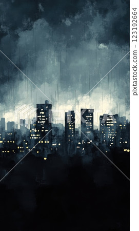 Urban Skyscrapers at Night with Rain and Moody Atmosphere 123192664