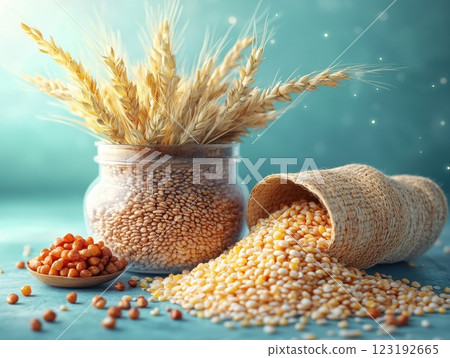 Wheat and Grain Display with Vibrant Background and Light Bokeh 123192665