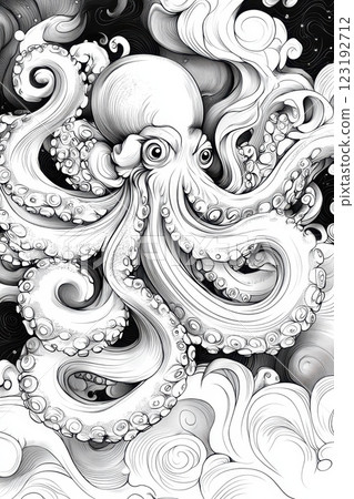 Abstract Black and White Octopus with Swirling Cloud Patterns 123192712