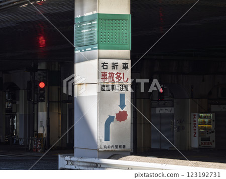 警告駕駛在路口右轉時避免發生事故的標誌 123192731