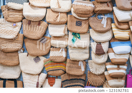 woven women's bags on counter in Asian market in Vietnam 123192781