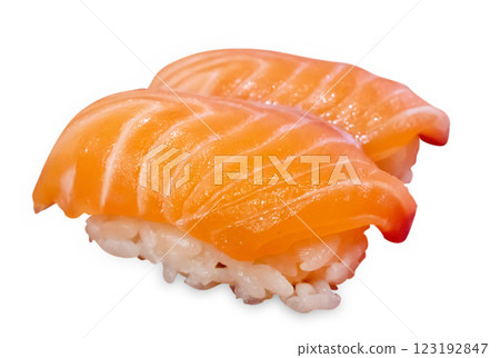 Top view of Japanese fresh salmon sushi with Japanese rice, focus selective Top view of Japanese fresh salmon sushi with Japanese rice, focus selective 123192847