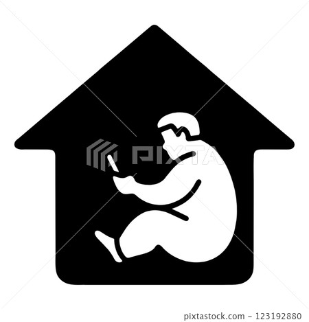 Black silhouette illustration of a fat shut-in man looking at a computer screen at home. Cutout on transparent background 123192880