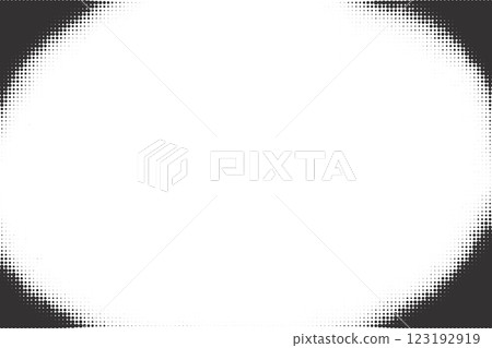 Halftone comic dotted background. Vector old paper grainy frame. Grunge retro gradient border. Abstract pop art design element. 123192919