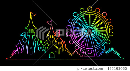 彩虹色漸層線畫遊樂園的插圖，有摩天輪和童話城堡，黑色背景上的切口 123193060