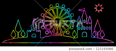 Rainbow gradient line drawing illustration of an amusement park with a Ferris wheel and a fairytale castle, cut out on a black background Rainbow gradient line drawing illustration of an amusement park with a Ferris wheel and a fairytale castle, cut out on a black background 123193066